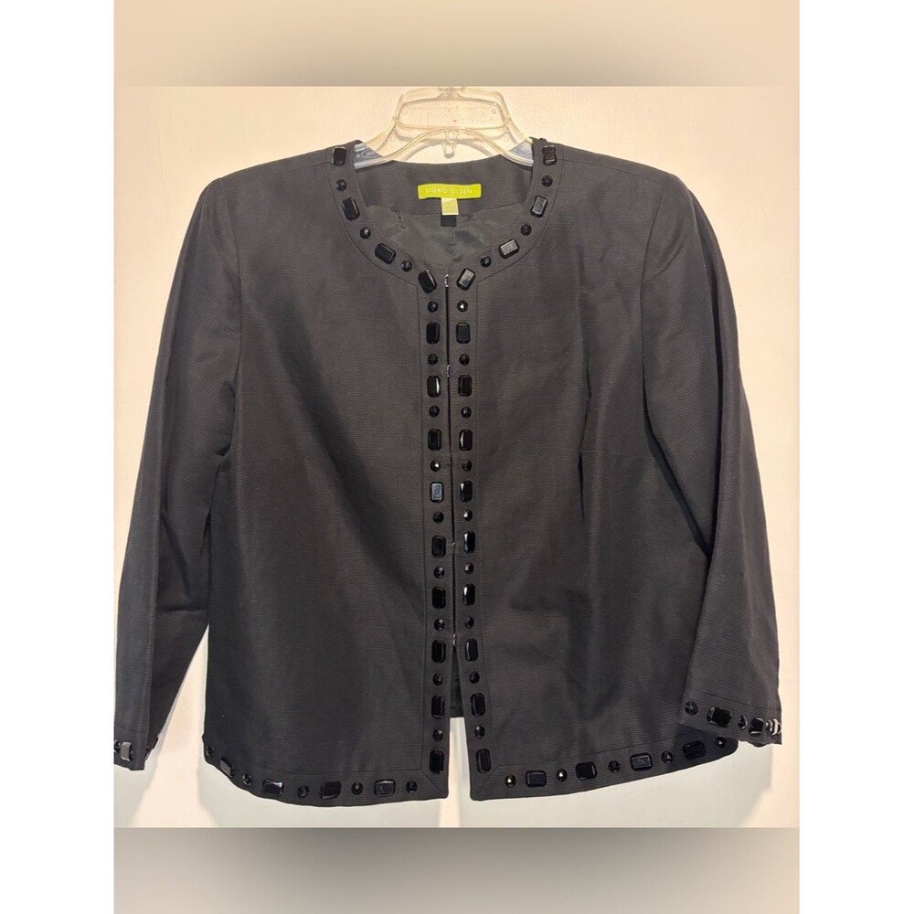 Sigrid Olsen Linen Cotton Black Jewels Clasp Closure Crop Blazer Jacket Size 12